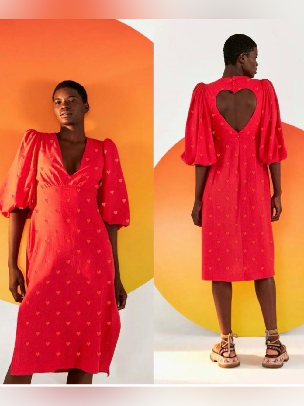 FARM Rio Red Heart-Print Midi Dress